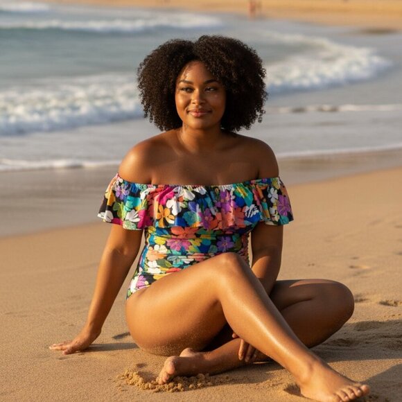 Swim Solutions Plus Size Tummy Control Off-The-Shoulder Ruffled Swimsuit Sz 18W